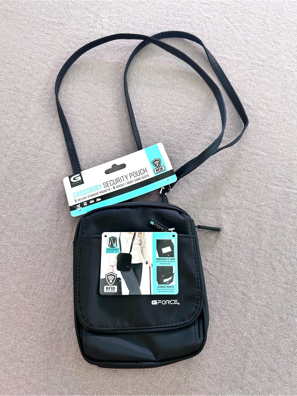 G-Force Black Crossbody Security Pouch RFID Blocking Multi-Pocket Travel 8”x 6”